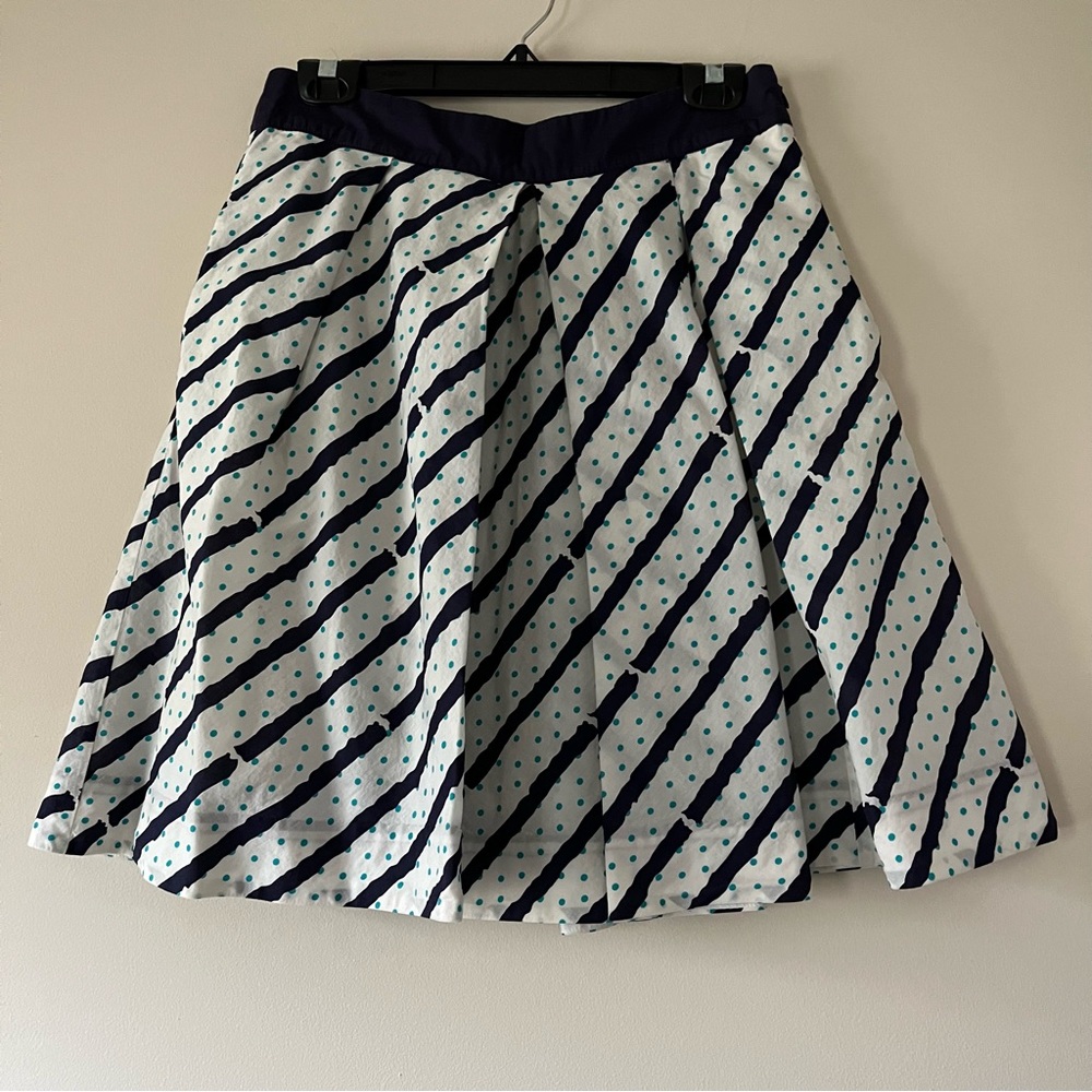 Anthropologie edme & esyllte Navy Blue Stripe and Teal Polka Dot Pleated Skirt